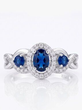 925 Sterling Silver Blue Sapphire Triple Halo  Ring